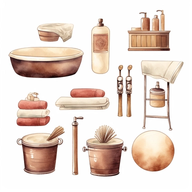 bathroom items watercolor Clipart Collection isolated on white background, naive drawing style, delicate pencil texture, dark beige and light maroon