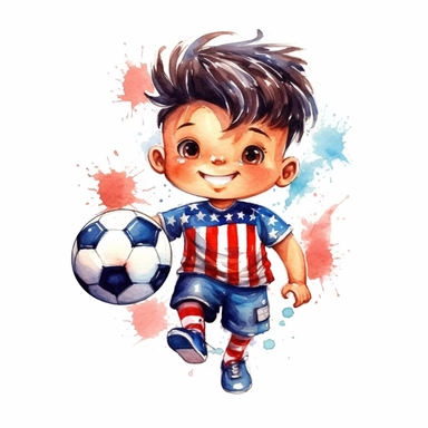 cute Watercolor cartoon happy team USA soccer player, clipart, white background