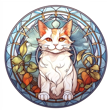 Vintage Cute Beautiful Round Stained Glass Cat Sublimation Clipart, Cartoon, hyper realistic, intricate detail, illustration style, high solution, on the white background