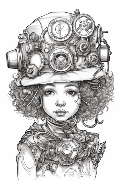 three quarter shot of a hand drawn coloring page of vintage steampunk gorgeous african american baby girl, clipart, white background