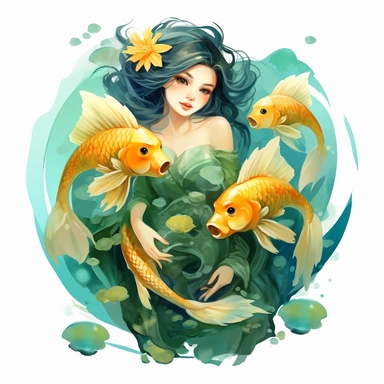 Pisces zodiac sign as fantasy cute girl surrounded by two golden fish, water, sea green, water theme, water Lily, Watercolor pisces Zodiac Sign Clipart, 8k, detailed white background, uplighted