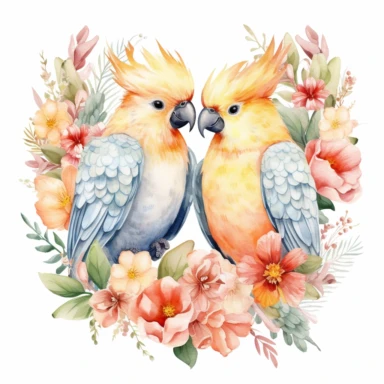 watercolor clipart, two Cockatiel Parrots in love with tropical gardens, sweet hearts around, watercolor sublimation design, Sublimation Clipart, hyper realistic, intricate detail, illustration style, isolated on white background for removing background, Super-Resolution, Megapixel