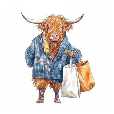 hand drawn highland cow wearing clothes and holding a bag of groceries , very detailed and realistic, watercolor, white background with margins, clipart style