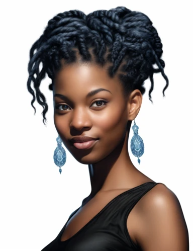 hasselblad 24 mm three quarters shot of a gorgeous african american woman with blue eyes, clipart, Composition: Relaxed position with intricate high hairstyle, smiling, detailed natural skin, Style: Nu-Goth, white background, hyperrealism, 32k