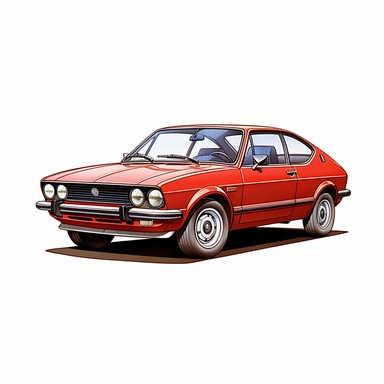 in clipart style, A meticulously crafted illustration of a red 1974 Volkswagen Scirocco, highlighting its iconic design and graceful contours, placed against pure white background (style: evoking the accuracy and refinement of classic automobile blueprints) (lighting: deliberate, directional lighting, casting gentle highlights and shadows on the car's structure) (colors: an elegant palette of red for the Volkswagen's body set against a pristine, white backdrop) (composition: captured from a side