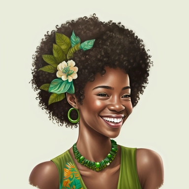 black female goddess, smiling, short curly hair, green, earth, clipart, isolated white background