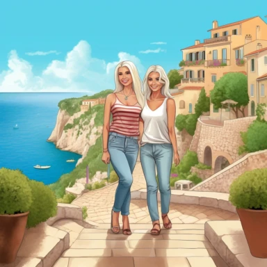 panoramic view, full view, landscape, two beautiful older middle-aged female best friends, one with long blonde hair and one with short blonde hair, age appropriate attire, same height, posing, smiling, beautiful faces, along a cobblestone walkway in a beautiful mediterranean town with view of beautiful blue water, cascading bougavanelia, beautiful summer day, illustration clipart, photo realistic, romantic, fantasy, ethereal, sharp focus, high detail,
