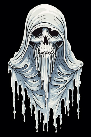 ghost with white drips. vector clip art Illustration, in the style of detailed engraving, deathcore, uhd image, silkscreening, slumped/draped, aluminum, serene faces