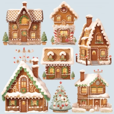 <@936929561302675456> very detailed, gingerbread house town village set of clipart, flat, no 3D, light brown and white, transparent background,