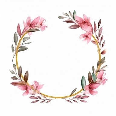 modern gold circular frame with pink greenery for wedding invitation, watercolor clipart, minimalist, isolated white background, 8k