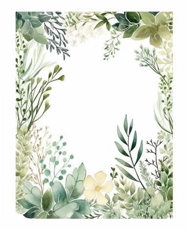 rectangle floral frame, thin border, green flowers and leaves, minimal with white space in middle, clipart, watercolor flowers, hand drawn, white background, clipart,