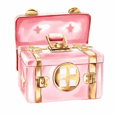 sweet pink and gold hand-painted in watercolors, first aid kit clipart, first aid suupply, isolated white background, single design, sharp, bold , sweet pink, cream, gold, hand-painted watercolor