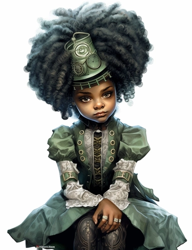 gorgeous african american baby girl in vintage steampunk victorian dress, Eyes: Green, clipart, Composition: Relaxed position with intricate high hairstyle, Style: gothic, white background, hyperrealism, 32k