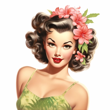 beautiful pretty pin up woman, makeup and hair vintage 50's style, hawaiian flower and dress, paint art style, detail, clipart, white background, superrealistic, one of a kind