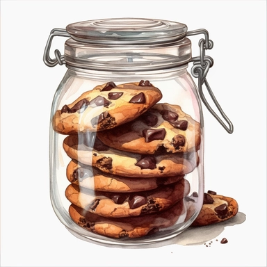 clipart of realistic chocolate cookies in a jar, surrounded by white background, wide shot, very detailed, watercolor illustration, white background, cinematic, high quality, 32 k,