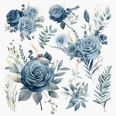 Dusty Blue Floral Clipart - Watercolor Floral Clipart - Roses - Floral Clipart - Dusty Blue - Blue - Premade Clipart - Wedding Clipart
