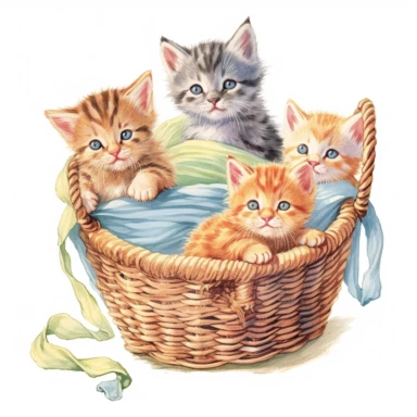 Playful kittens in various poses, such as playing with yarn, chasing butterflies, or napping in a cozy basket clipart