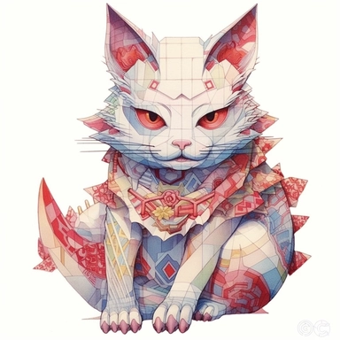 Maneki-neko, Domestic Shorthair, joyful, origami paper In the style of Brian Froud & Alan Lee, clipart, complex design, dreamy color, white contour, white background only