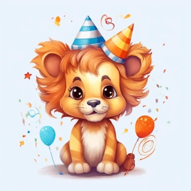 cute Lion character wearing birthday clothes and birthday element with happy face,front facing on isolated background,with happy face and expression,Animal Sublimation Clipart,no splash watercolor,white background, ultra detailed clipart, cut out image, colorful watercolor realistic, cartoon style, ultra HD, sharp and clean art