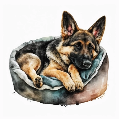 german shepherd dog sleeping in a dog bed, watercolor clipart, transparent background
