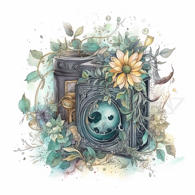 witch magical book decorated with flowers , in the style of mystic mechanisms ,pencil art illustrations, Isolated white background, reimagined by industrial light and magic, lith printing, illusory images, watercolor clipart, very subtle emerald tones, , ,