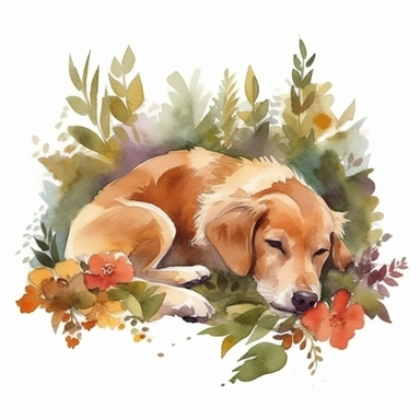 Lazy Dog Sleeping in garden over Flowers and Leaves ,Isolated,Watercolor Clipart