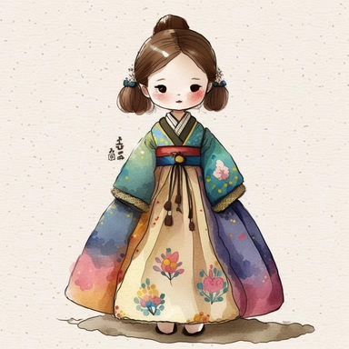 a cute little girl is wearing Korea traditional dress Hanbok. watercolor clipart, the skirt layers are designed to create a full and flowing silhouette, rainbow color jacket, The jacket worn by women in the royal family has long sleeves that are wide and 