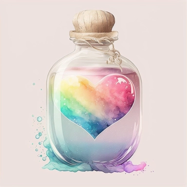 rainbow dream illusion pastel color water white background clear old rustic Heart Bottle classic potion Valentine's Day Clipart vintage watercolorrgb