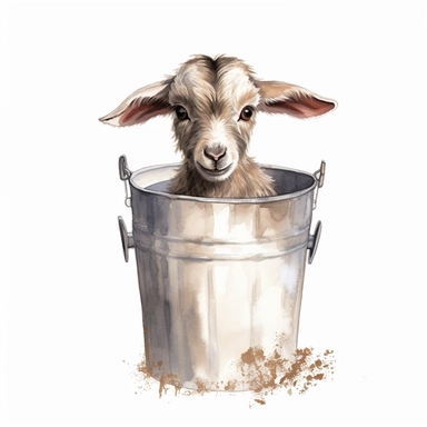 realistic watercolor cute baby goat sitting inside a bucket with 2 feet on the edge peeking out, solid white background, clipart