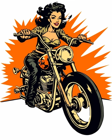 illustration of a female skeleton biker, riding a flaming motorcycle, style of 1970s comic book art, style of mike zeck, retro, 3-color lithograph, block print, linotype, flexographic clip art, posterized colors, isotype icon design, hand drawn illustration, primitive art, minimalist design, PNG cutout on white background