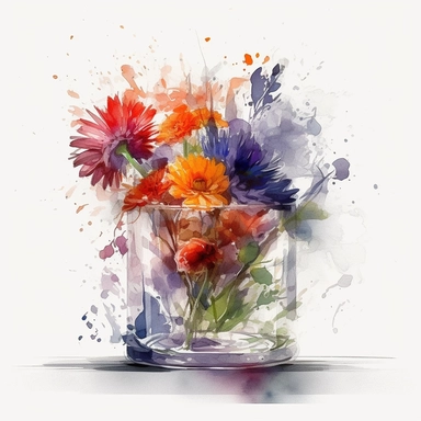A stunning bouquet of vibrant flowers in a glass vase clipart, set against a clean white background. The artwork showcases the beauty of wet watercolor techniques, with intricate details and sharp brush strokes. Created using ZBrush, the bouquet appears incredibly lifelike and hyperrealistic. The high-definition (HD) quality ensures every petal and leaf is captured with precision. Perfect for various creative projects, this clipart exudes a burst of colors and brings a touch of nature indoors. E