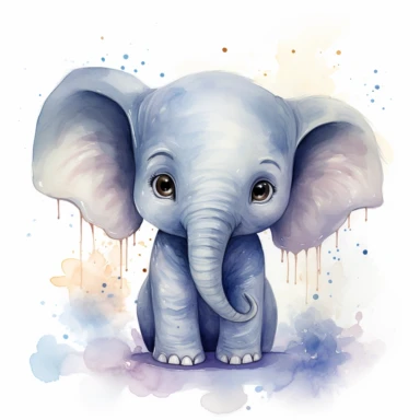 Create a caricature watercolor-style clipart of a playful baby elephant, with an emphasis on its dynamic pose and the nuanced colors of its body. Use a range of soft grays, blues, and touches of purple to bring out its lively spirit. Begin with the baby elephant, illustrating it mid-action with one foot lifted as if it's playfully prancing. Use a cool gray for its body, with a slight undertone of blue to bring depth to the image. The wrinkles and folds in its skin should be carefully depicted, a