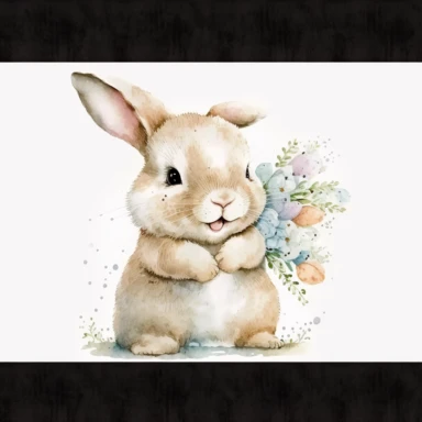 a charming soft loose style watercolor clipart for kid, image of a fluffy cute baby newborn bunny happy sitting, with a big smile on face, eyes are very very big and shining, his head is big and cute, fur is painted in gentle shades of brown and white, the bunny express the relaxed and joyful pose, very less detail, non-realistic