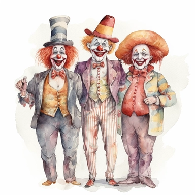 3 hand drawn vintage circus clowns acting silly , glamorous, soft, detailed and realistic, watercolor, clipart style, white background with margins