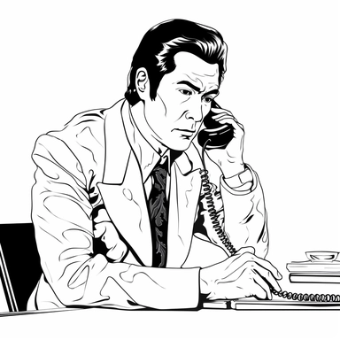 Asian man making a call on his phone clipart simple bold lines black white coloring page style no background