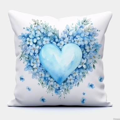 watercolor light blue cushion decorated with forget-me-not heart clipart, 8K