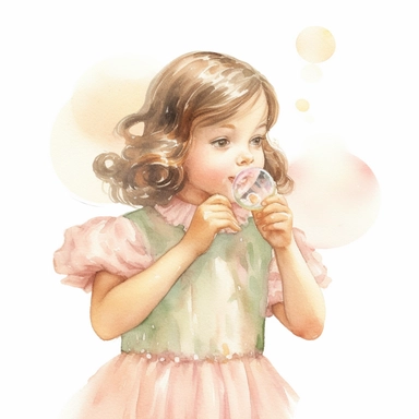 vintage adorable little girl blowing soap bubbles, pastel colors, clipart style, watercolor technique, super high quality, professional watercolor clipart, high resolution