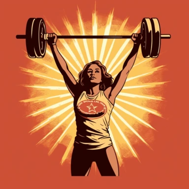 T shirt design, female olympic weightlifting lifting the barbell above head, gym, equipment, lights, clipart