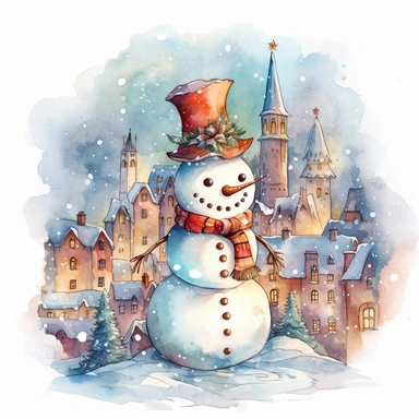 Watercolor drawing, christmas lights, large snowman, the city at night, the lights on, bright colors, ultradetailed hd , style by Lucy Fleming, watercolor, smooth gradients, black contour outline, ultra detailed, clipart elements, delicate pastel colors,