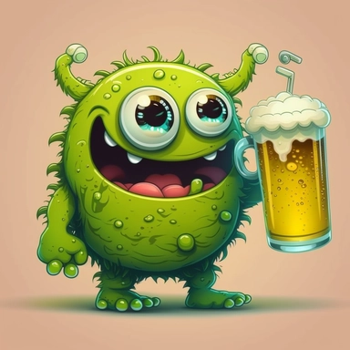 a clipart of a cute and happy little green monster, drinking a glass of beer