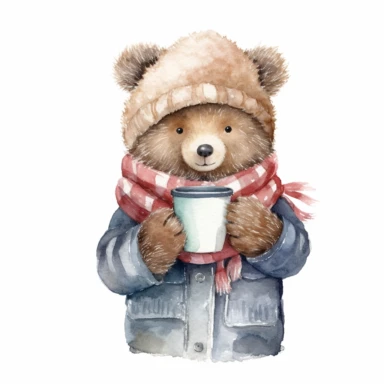 A Cute winter Watercolor Clipart , hand drawn ,a female bear holding a cup of hot coco while wearing a winter costume looking knowingly out over the street from the window, cozy ,highly detailed,white background for removing background - - no text shadow font watermark