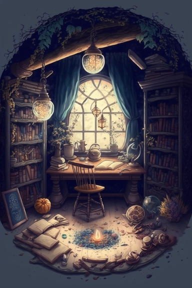 potion making room of a witch, high detailed drawing, window in center of room, a lot of clutter, high texture, bookcases, ornate dining chairs, tea cups, ancient tomes, dusty, cool atmosphere, cinematic, realistic light, magical realism, flowers, clipart, fantasy, whimsical, dreamy