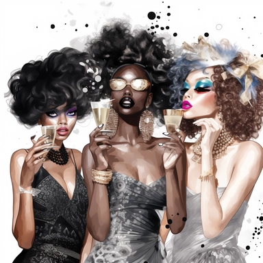 Glamour Party, Fashion, Illustration, black girls, Best Friends, clipart, very detailed, white background