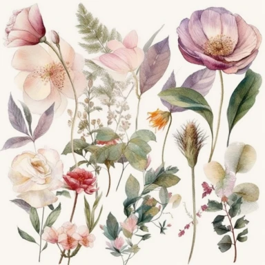 Stunning clipart watercolor artworks of flowers and plants should be created in a light and minimalistic style, with a focus on the delicate beauty of each individual flower or plant. The artwork should be painted with a loose watercolor technique, using a prominent watercolor style to emphasize the delicate and intricate technique. Light, airy hues and pastel tones should be utilized to bring out the softness of the flowers and plants, while keeping the overall design minimalistic. The unique f