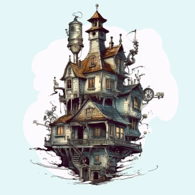 scary horror Steampunk one house Clipart, Retro Futuristic Victorian Era Art, white background
