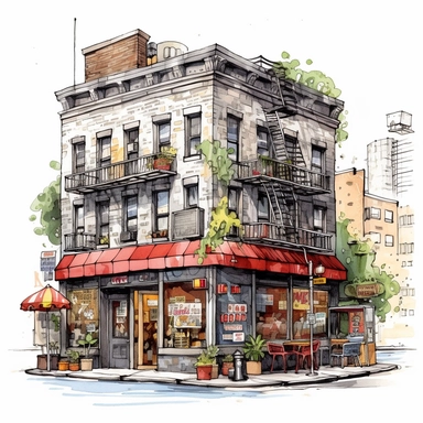 clipart de cafeteria de nueva york, acuarela, 16k, hiper minimalista, megapixel, full color, super detailed,insanely detailed and intricate, ultra detallado