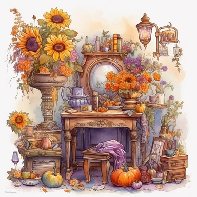 watercolor mixed media masterpiece a elegant Flowerpunk bureau, richly decorated with lavender and pumpkins and mushrooms and sunflowers, full of beautiful dresses on hangers, pots with flowers, bedroom interior, provence, golden accents, shabby shic style, by Ivan Fedorovich Choultse style and by Rodney Matthews style and by Vladimir Kush style, Baroque style, PNG clipart, isolated on white, extreme photorealistic details, 32k HD resolution, realistic high detailization high resolution
