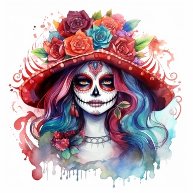 Day of the dead la catrina in the style of water color painting, vibrant colors, on a white background style by Lucy Fleming, watercolor, smooth gradients, black contour outline, ultra detailed, clipart elements, delicate pastel colors, solid white backgr