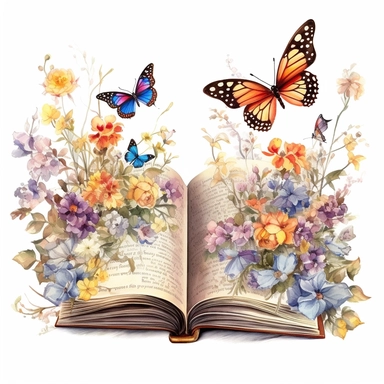 a magical open book, beautiful watercolor and realistic flowers and butterflies between de booksides, highly detailed clipart, white background