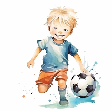watercolor style a smiling happy boy with blond hair playing soccer childish sweet cute clipart neutral colors on white background